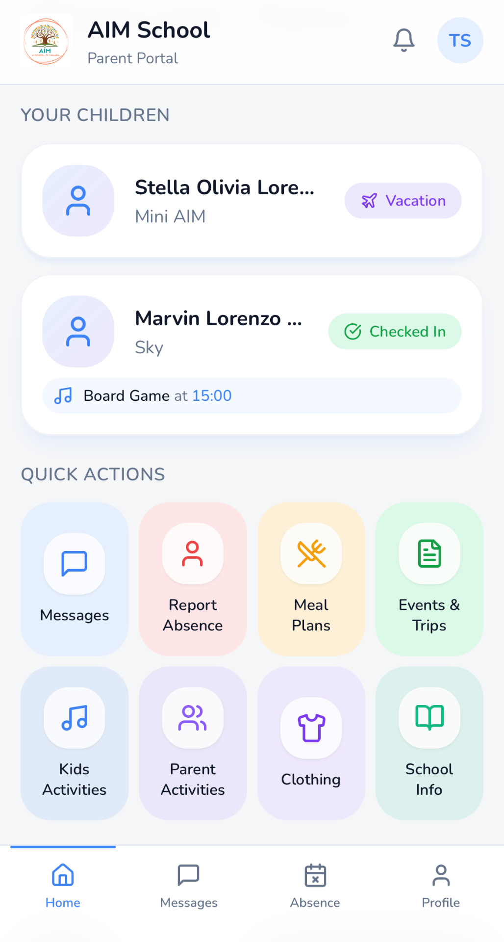 AIM Portal home screen showing children status and quick actions